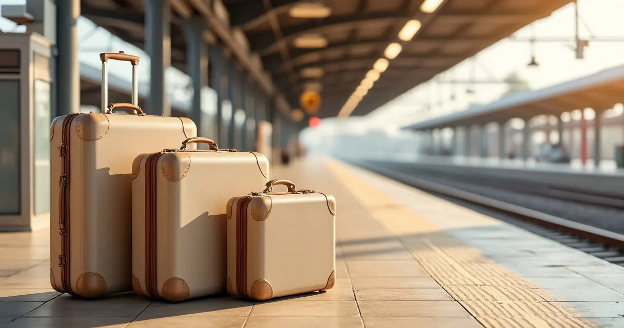 Drei Koffer in deutlich zunehmender Größe stehen in einer Reihe auf einem ruhigen Bahnsteig im Morgenlicht