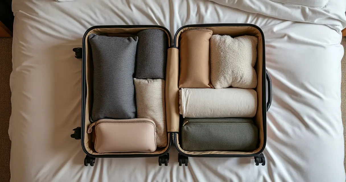 Ein offener Hartschalenkoffer auf einem Bett, ordentlich gepackt mit gefalteter und gerollter Kleidung und einem kleinen Kulturbeutel, von oben