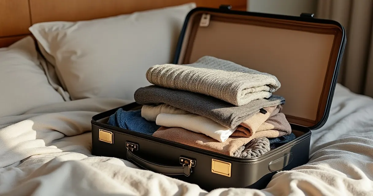 Ein offener Koffer auf einem Bett, hoch mit gestapelter Kleidung beladen, der Deckel steht offen und lässt sich so nicht schließen