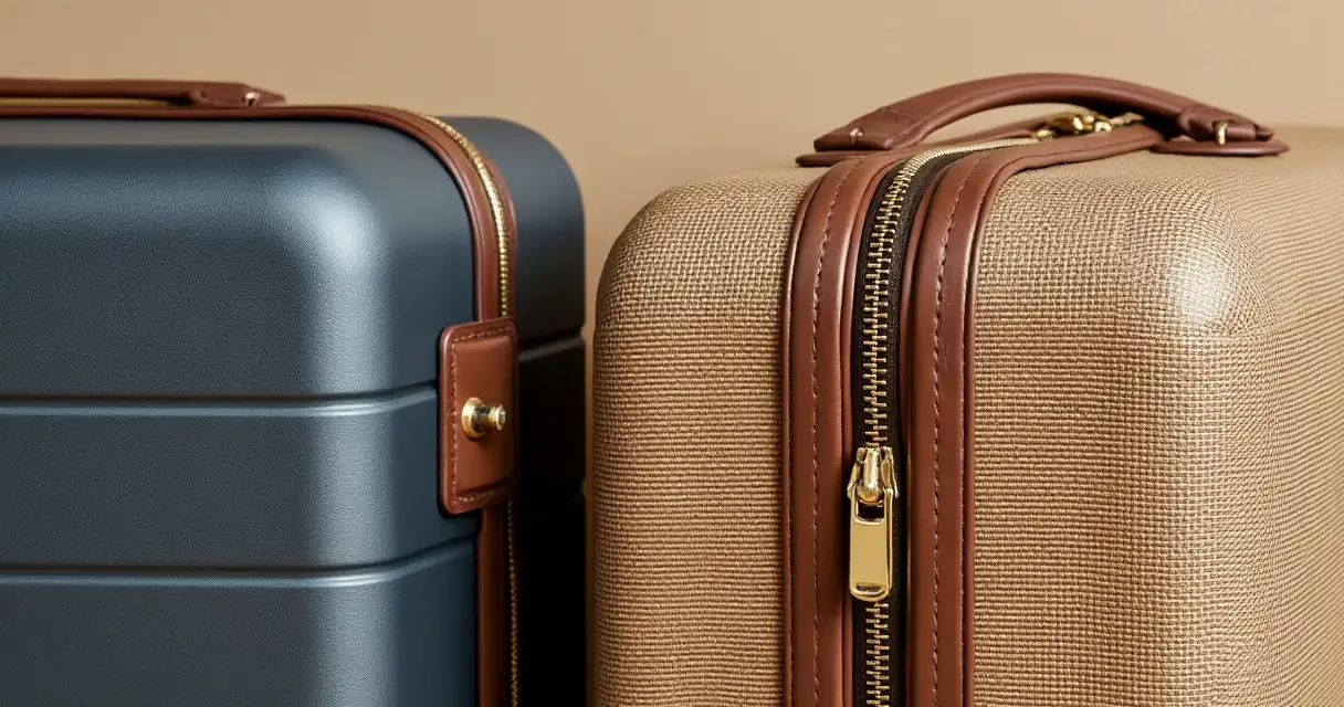 Nahaufnahme einer matten Hartschalenoberfläche neben dem Gewebe eines Weichgepäckkoffers mit messingfarbenem Reißverschlusszipper